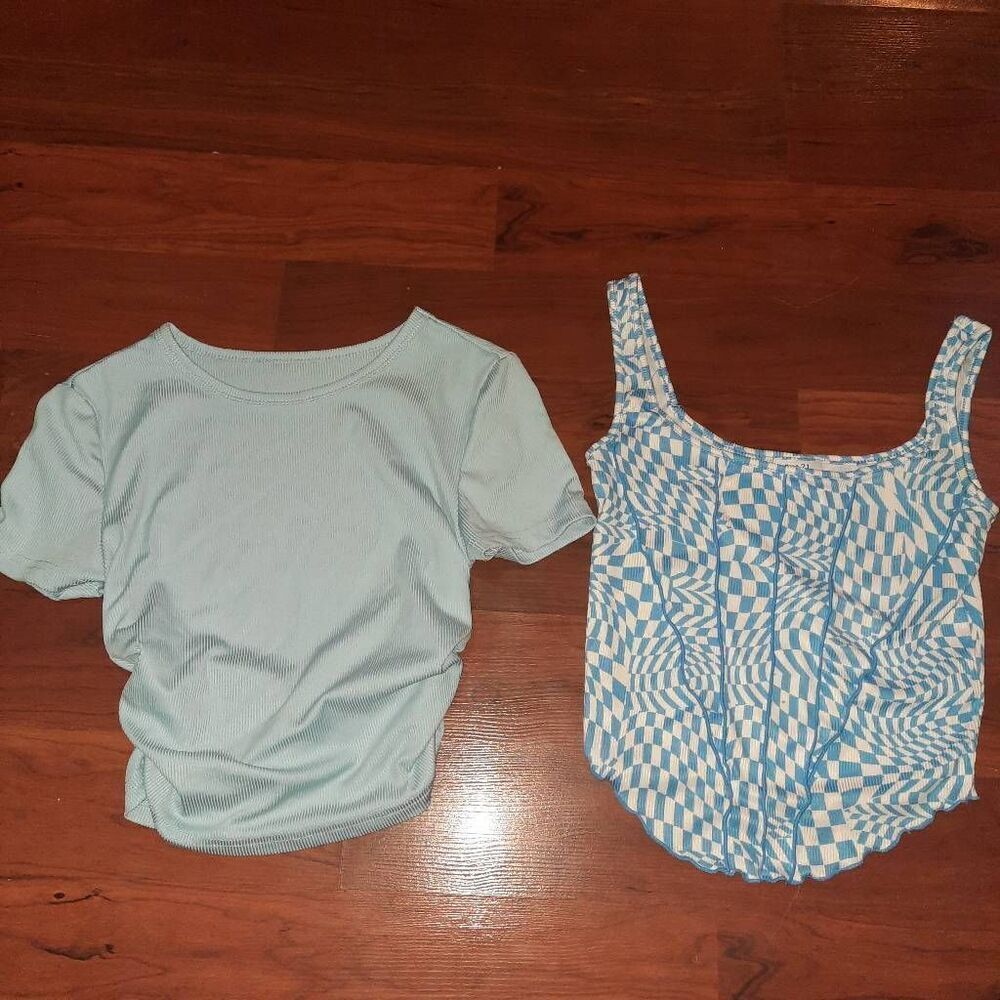 Y2K Blue Ribbed Crop Tops - Picture 1 of 3